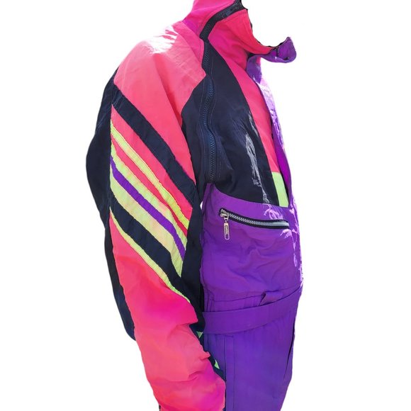 SOLD 1990 Vintage Roffe Demetre Men’s Large One Piece Ski Suit Neon & Black - Picture 5 of 11